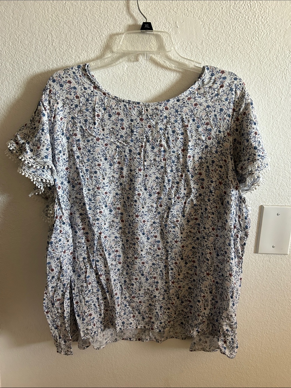 Angels White Floral Short Sleeve Blouse with Blue Print